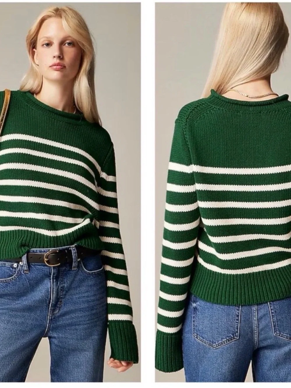 J Crew Heritage Cotton Roll-Neck Green White Striped Sweater - Picture 1 of 6